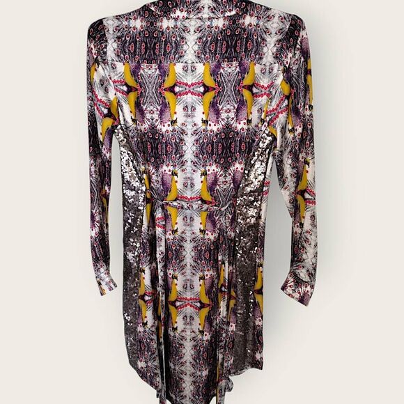 Chelsea & Violet Dress Sz XS Multicolored Peacock Silky Red Brown Side Sequins - Picture 13 of 13